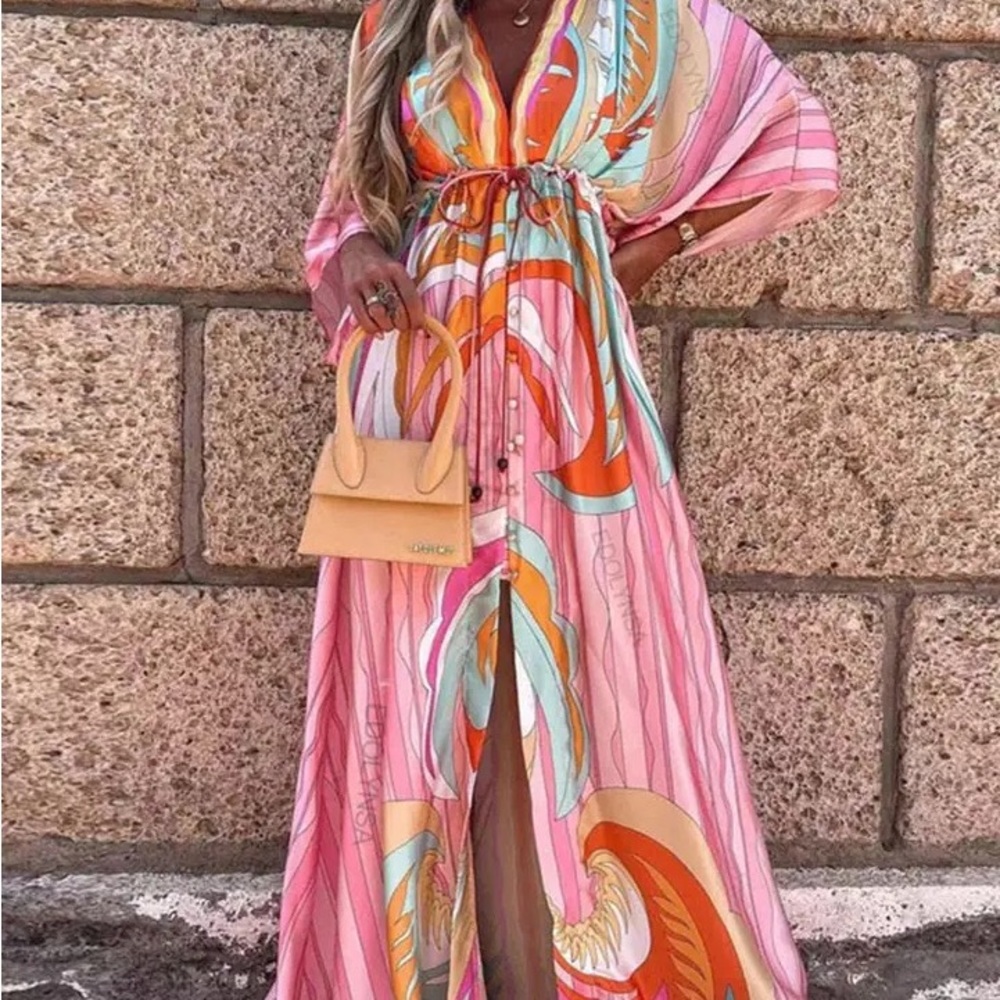 #208 LAST 1! Multicolor Button Pattern Vacation Flowy Bohemian Resort Maxi Dress - Picture 3 of 4